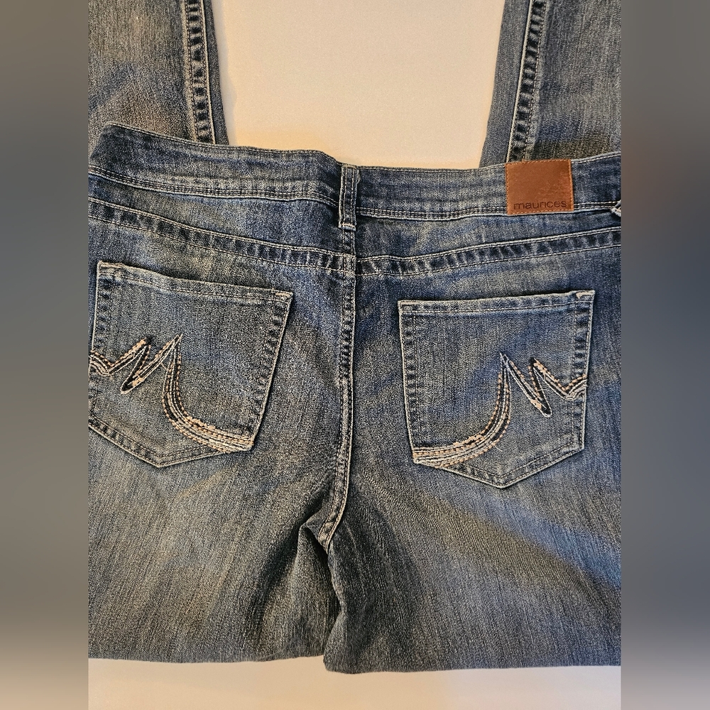 Maurices Denim Jeans Womens 14L Whiskered Big Stitch Comfy Cowgirl Casual EUC